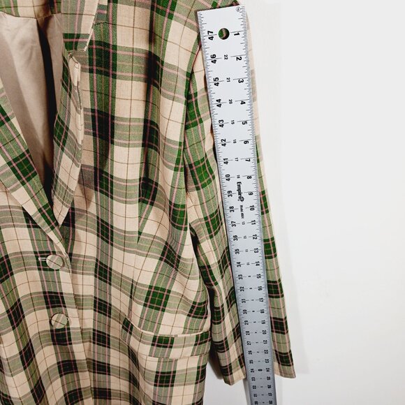 Bardot, Plaid Long Blazer Jacket Green & Soft Gold, Pink Highlight Medium Preppy - Picture 13 of 15
